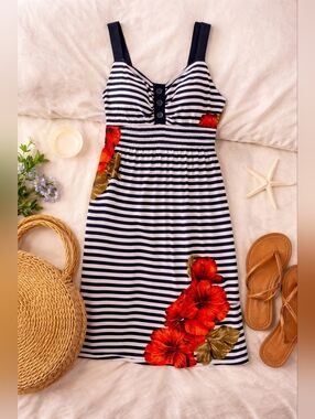Navy & White Striped Maxi Dress with Red Floral Print